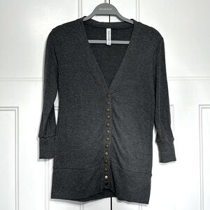 Zenana Outfitters 
* Grey 3/4 sleeve, half button cardigan